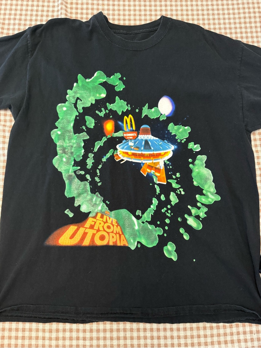 Black 'Live From Utopia' Graphic T-Shirt with Neon Print